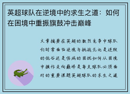 英超球队在逆境中的求生之道：如何在困境中重振旗鼓冲击巅峰