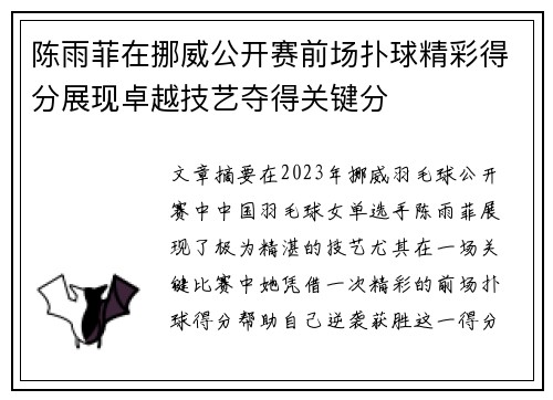 陈雨菲在挪威公开赛前场扑球精彩得分展现卓越技艺夺得关键分